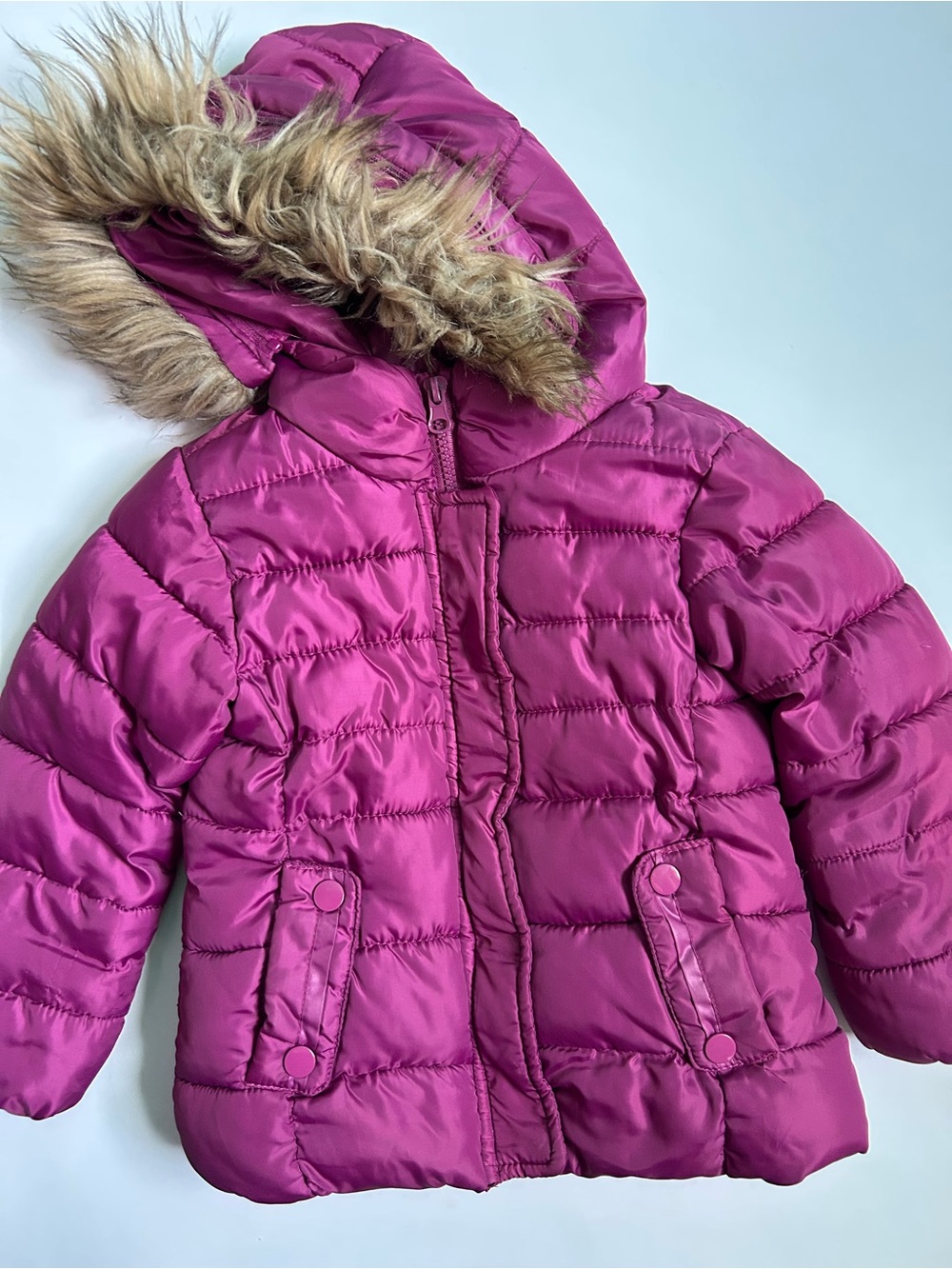 ZARA Kids Puffer Hooded Coat with Faux Fur Trim - Magenta